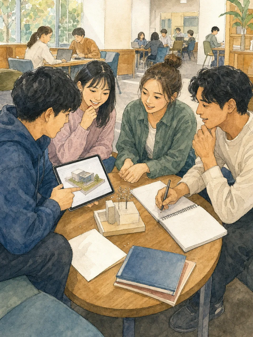 大学でプロジェクトに取り組む学生（手描き水彩）。大学案内、就職支援、ゼミ、学生生活を表現できるキャンパス素材です。