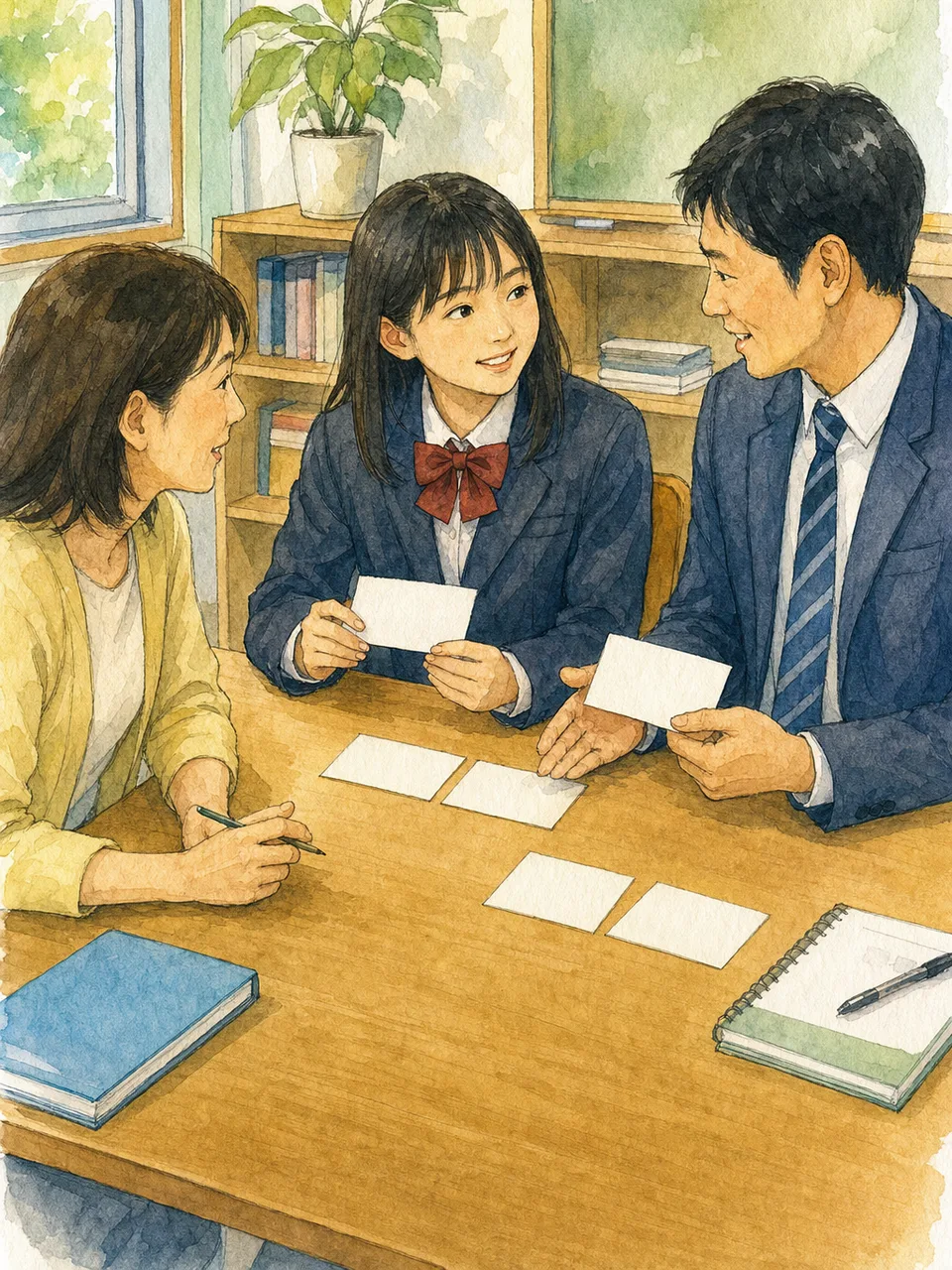 保護者面談をする日本人の教師と親（手描き水彩）。保護者面談、個人面談、教師、家庭連携の記事向け素材です。