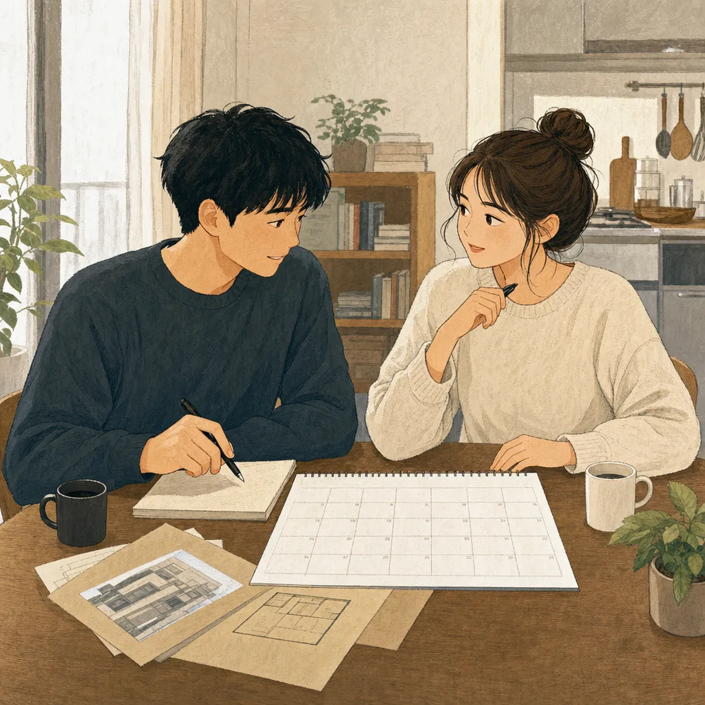 将来を話し合う日本人の若者カップル（編集記事向け）。若者カップル、将来設計、同棲、パートナーシップの記事向け素材です。