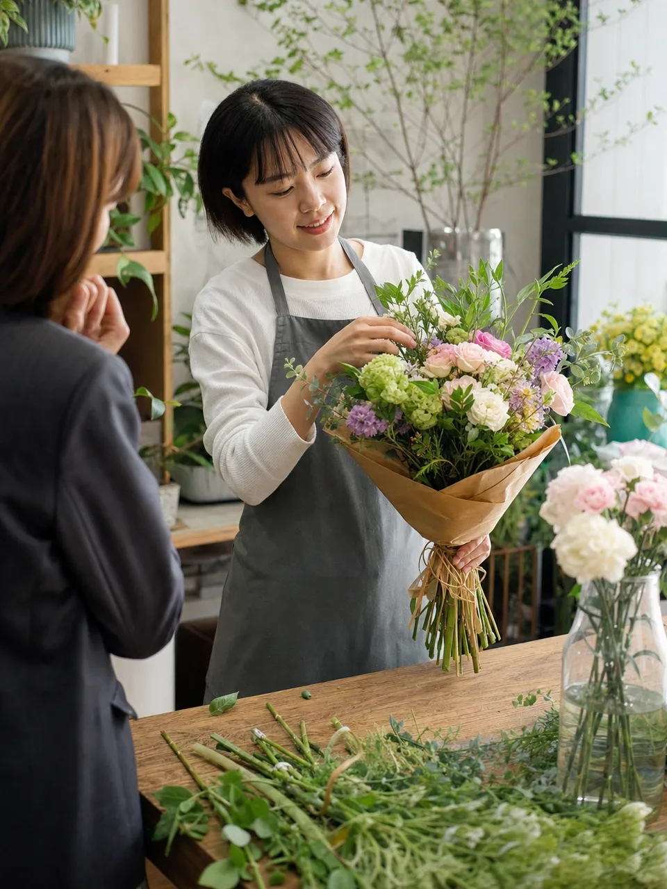 花を束ねる日本人の花屋スタッフ（自然な縦位置写真）。花屋、フローリスト、花束、地域店舗の記事に使える素材です。