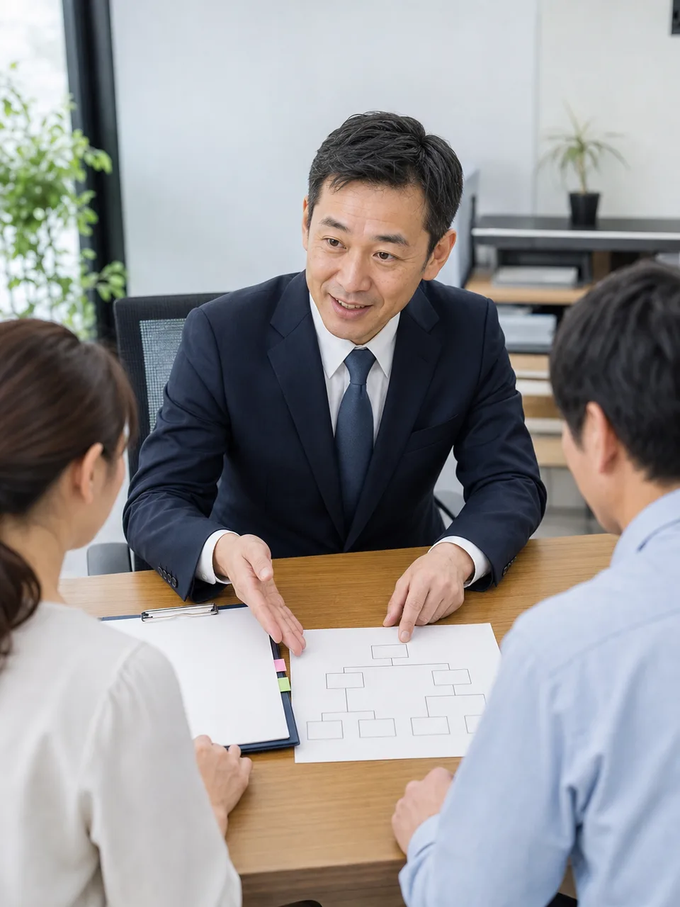 司法書士に相談する日本人（自然な縦位置写真）。司法書士、登記、相続手続き、法律相談の記事向け素材です。