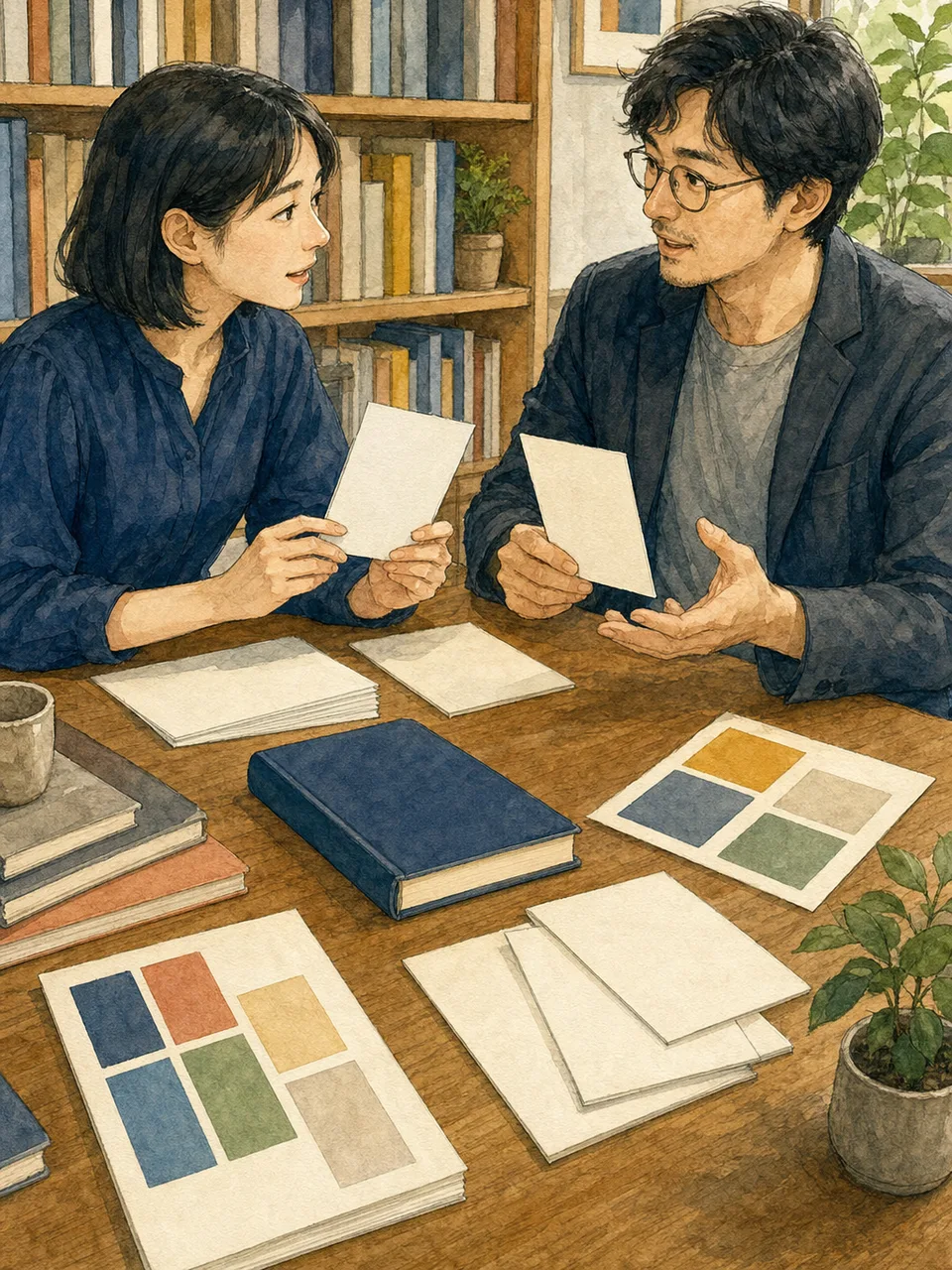 本づくりを進める日本人編集者（手描き水彩）。書籍編集者、編集会議、出版、本づくりの記事や案内に使える商用素材です。