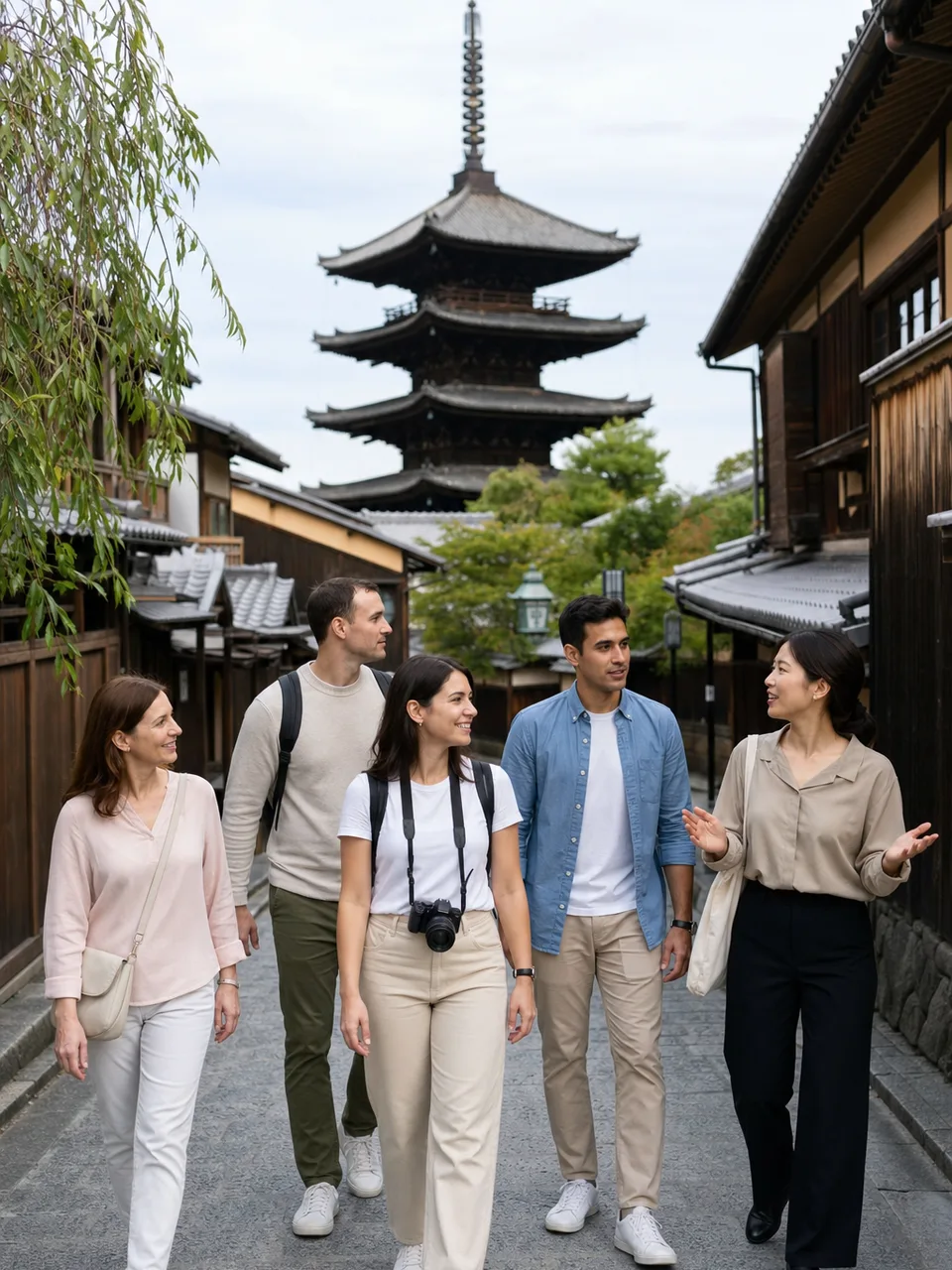 京都の街を歩く訪日観光客（自然な縦位置写真）。インバウンド、京都観光、旅行案内、地域サービスに使える素材です。