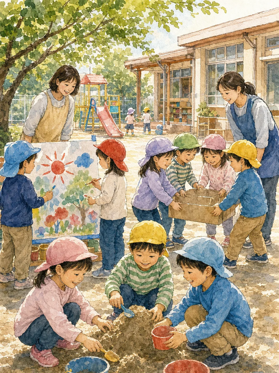 園庭で遊ぶ日本の幼稚園児（手描き水彩）。幼稚園、保育、子育て、教育施設の紹介に使える活動素材です。