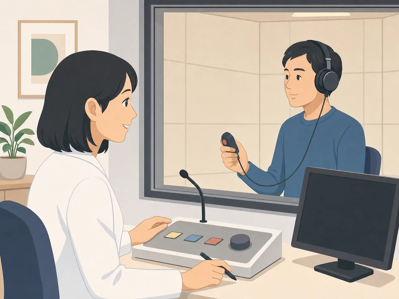 聴力検査を受ける日本人（フラットイラスト）。聴力検査、耳鼻科、聞こえ、聴覚の記事や案内に使える商用素材です。
