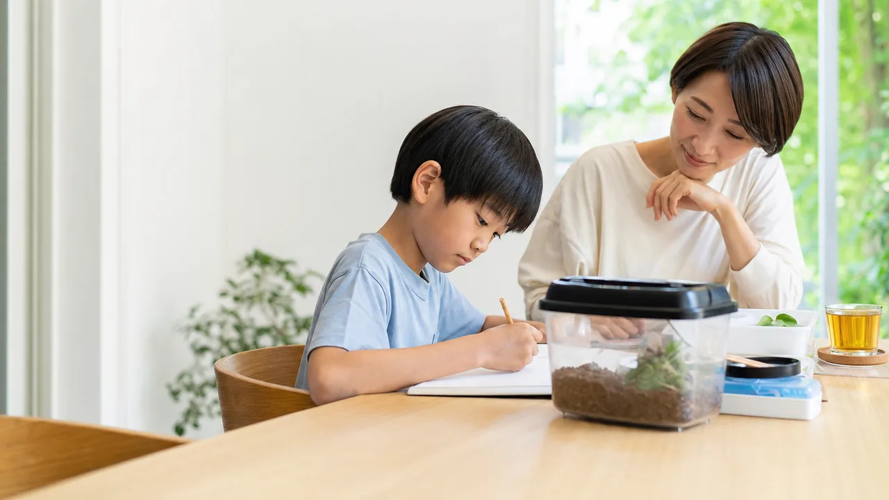 夏休みの宿題に取り組む日本人の子ども（横長・コピースペース）。夏休みの宿題、子ども、家庭学習、夏の記事向け素材です。