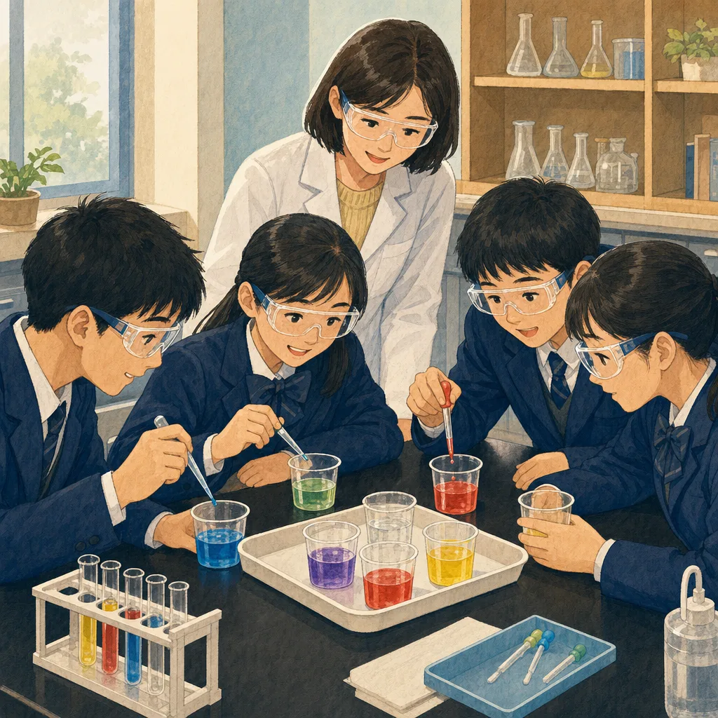 科学実験に取り組む日本人の生徒（編集記事向け）。科学実験、理科教育、探究学習、学校の記事に使える素材です。
