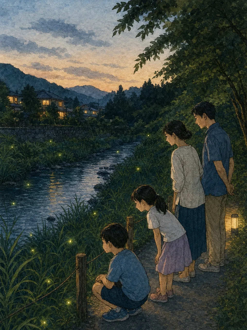 ホタルの生息地を観察する日本人（手描き水彩）。ホタル、蛍、自然観察、初夏の記事や案内に使える商用素材です。