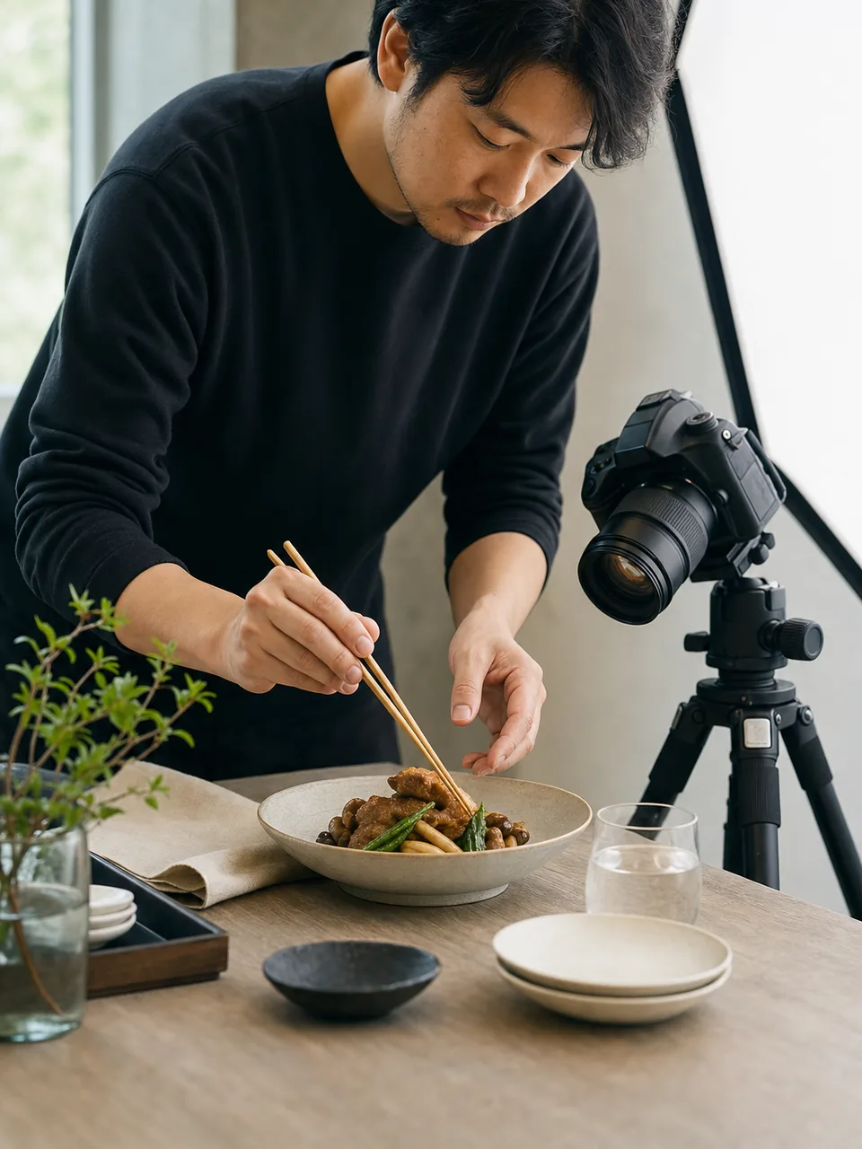 料理を撮影する日本人フォトチーム（自然な縦位置写真）。料理撮影、フードフォト、商品撮影、カメラマンの記事や案内に使える商用素材です。