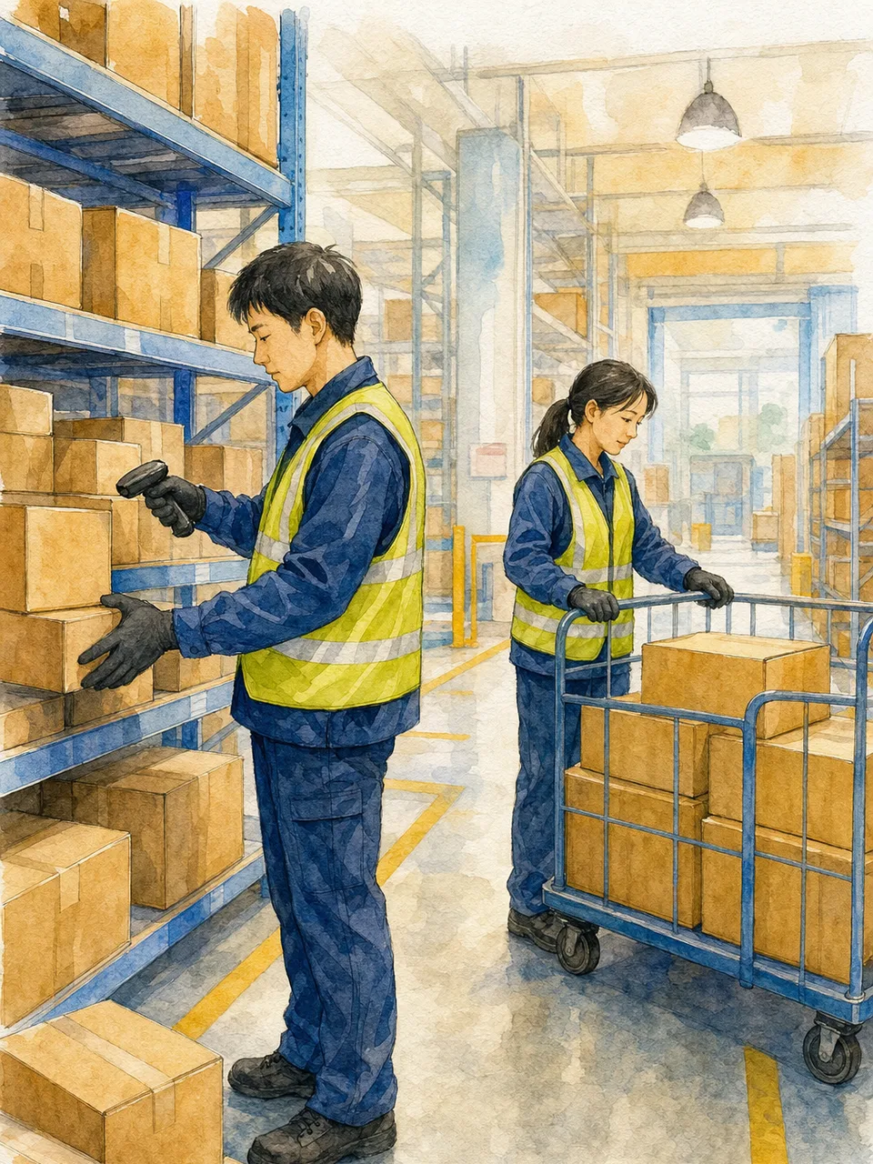 倉庫で商品を仕分ける日本人作業員（手描き水彩）。倉庫作業、物流、ピッキング、在庫管理の記事向け素材です。