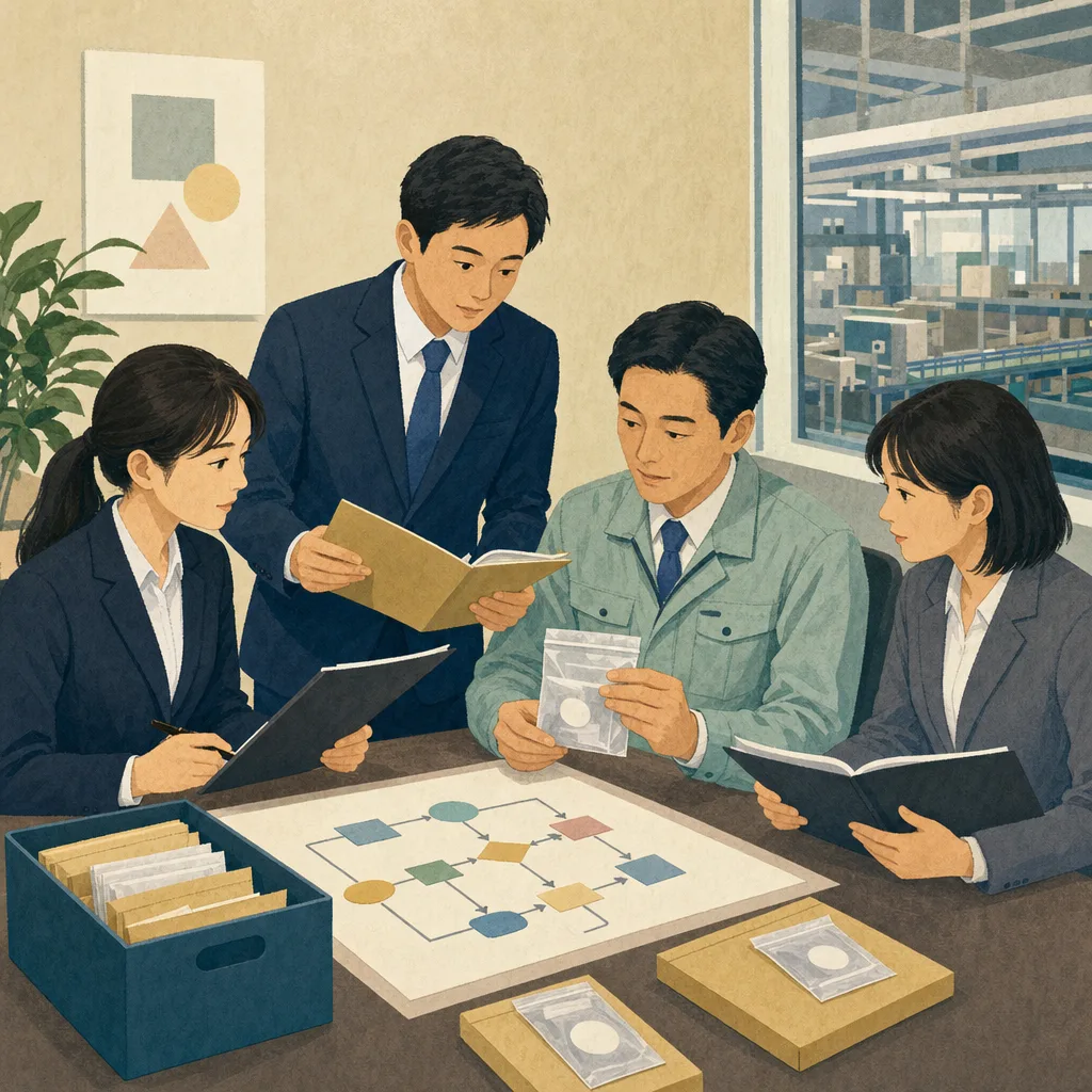 内部監査の確認を行う日本人チーム（編集記事向け）。内部監査、監査、業務確認、証跡の記事や案内に使える商用素材です。