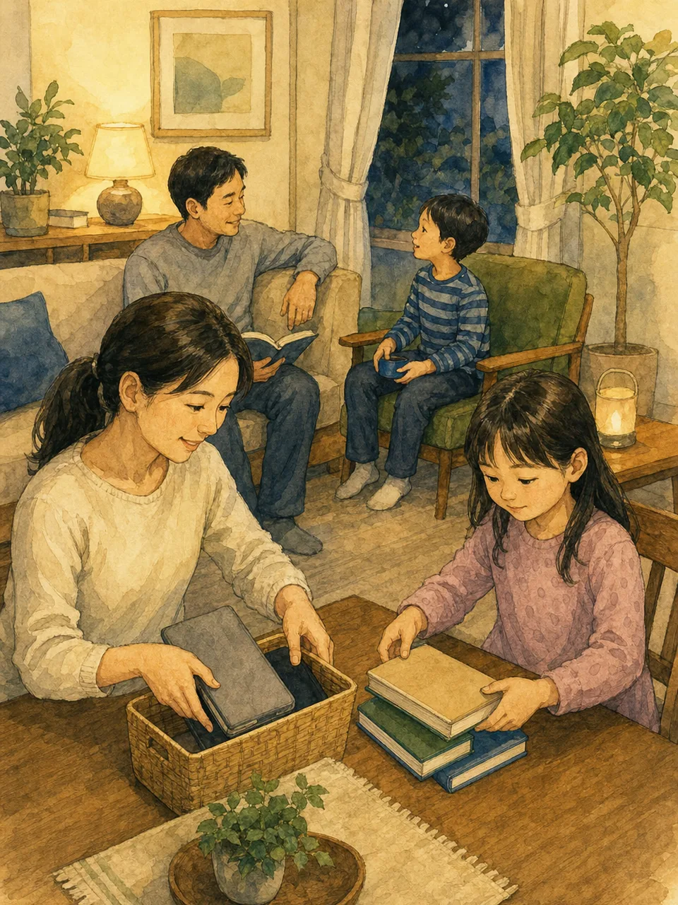 夜を穏やかに過ごす日本人家族（手描き水彩）。夜の過ごし方、家族団らん、ナイトルーティン、家庭の記事や案内に使える商用素材です。