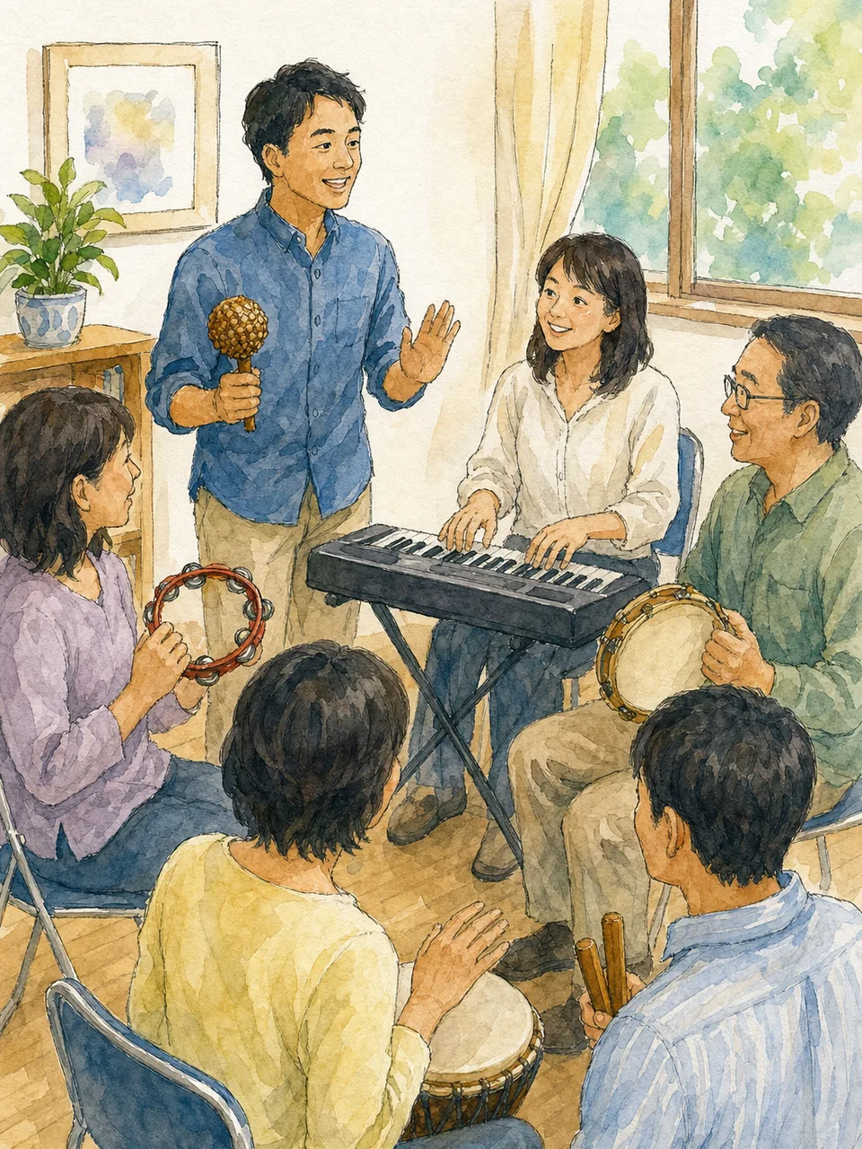 音楽教室で演奏を学ぶ日本人（手描き水彩）。音楽教室、楽器練習、習い事、生涯学習の記事向け素材です。