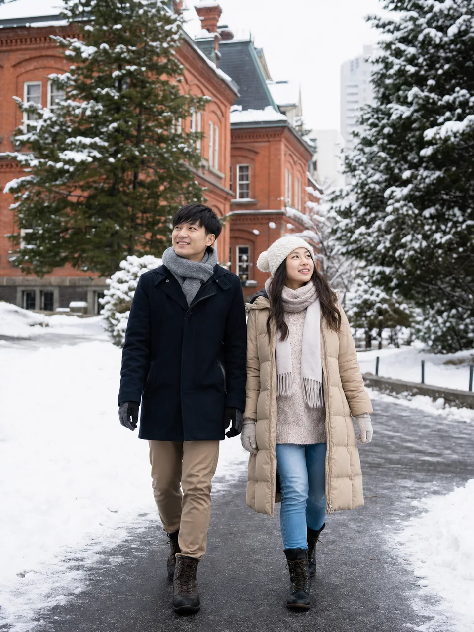 冬の札幌を歩く日本人旅行者（自然な縦位置写真）。札幌、北海道旅行、雪の街、冬旅行の記事向け素材です。