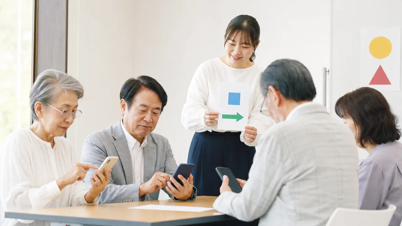 スマートフォンを学ぶ日本人シニア（横長・コピースペース）。スマホ教室、シニア、デジタル活用、スマートフォンの記事や案内に使える商用素材です。