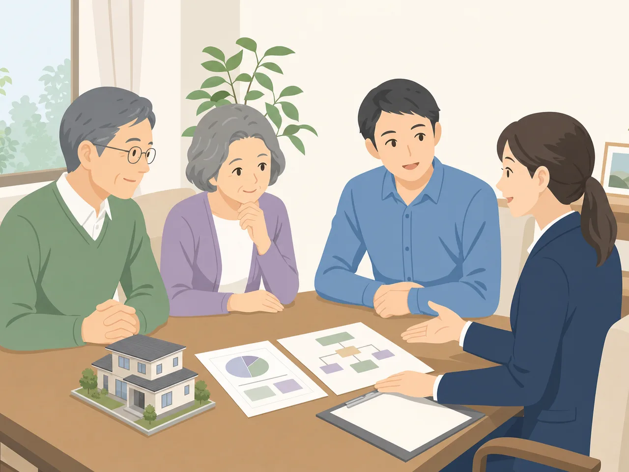 相続と資産管理を相談する日本人家族（フラットイラスト）。相続、終活、銀行、年金、資産相談の記事に使える家族の相談場面です。