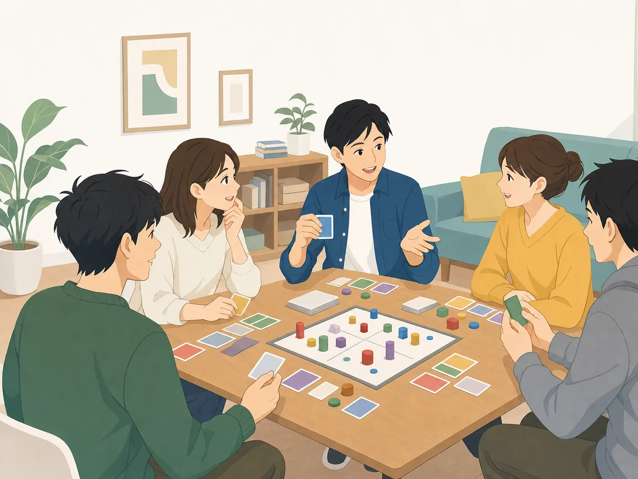 ボードゲームを楽しむ日本人の友達（フラットイラスト）。男女の友達、友情、ボードゲーム、交流の記事向け素材です。