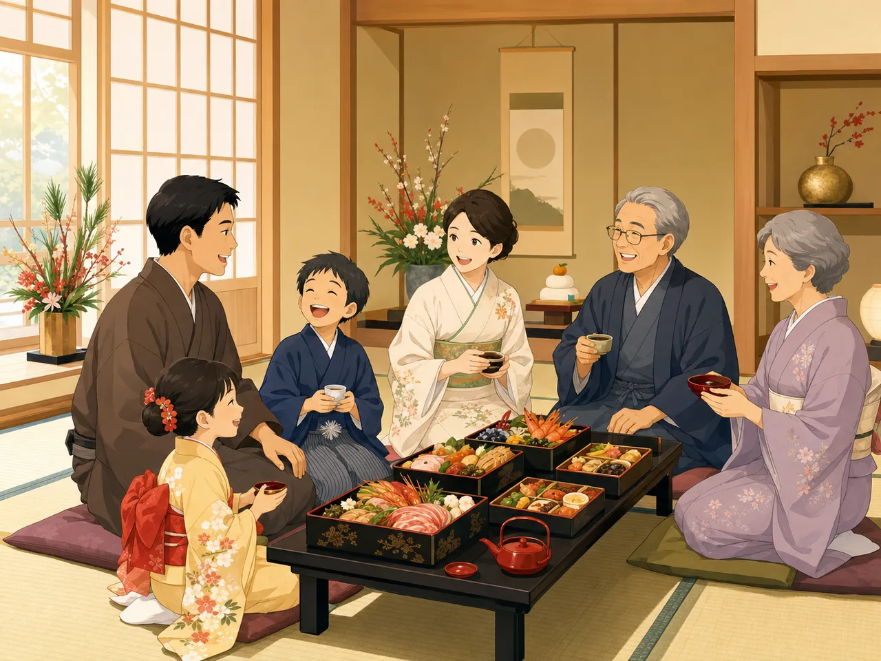 三世代家族で迎えるお正月（フラットイラスト）。新年の挨拶や家族向け企画に使える、日本の三世代家族のお正月素材です。