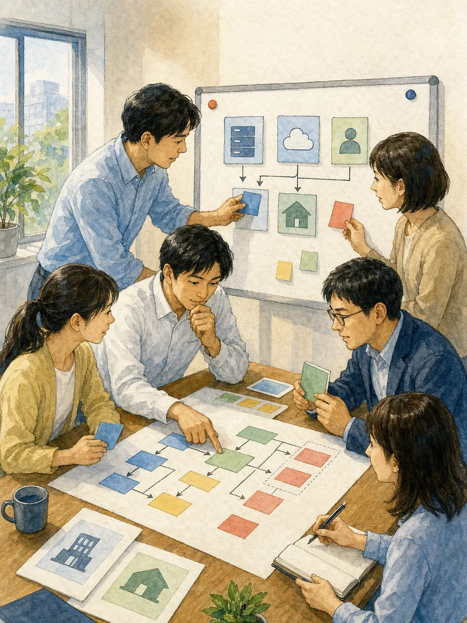 事業継続計画を作る日本人チーム（手描き水彩）。事業継続計画、BCP、災害対策、リスク管理の記事や案内に使える商用素材です。