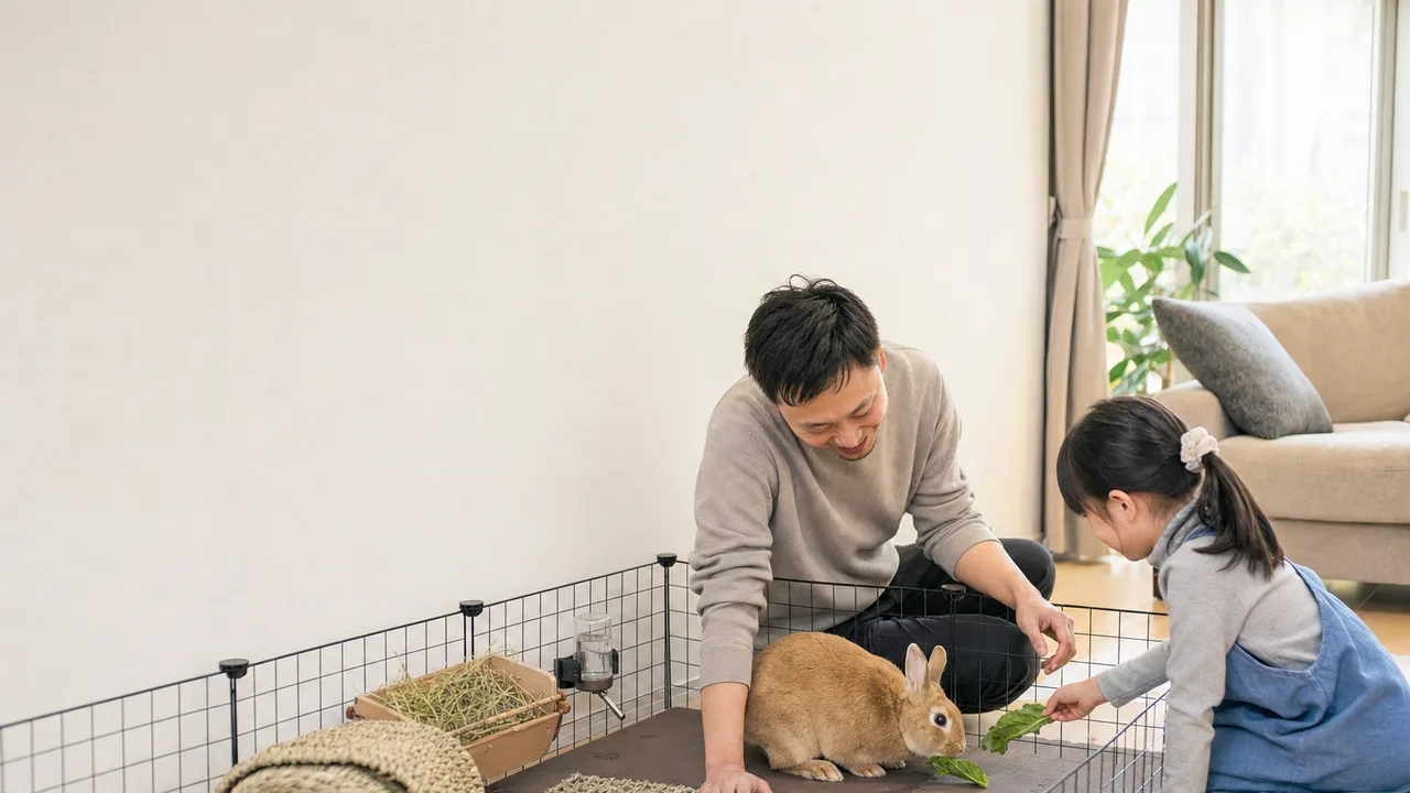 うさぎを世話する日本人家族（横長・コピースペース）。うさぎ、ペットケア、家族、動物との暮らしの記事向け素材です。