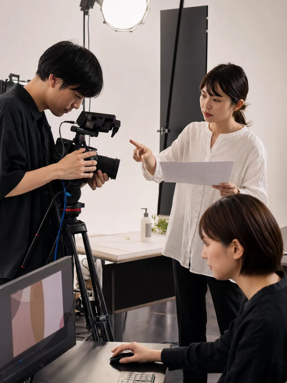 動画制作に取り組む日本人チーム（自然な縦位置写真）。動画制作、映像クリエイター、撮影、編集の記事向け素材です。