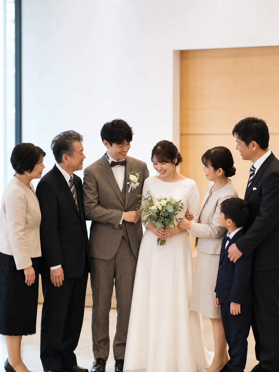 結婚式を祝う日本人カップルと家族（自然な縦位置写真）。結婚式、ウェディング、家族、ブライダルサービス向け素材です。