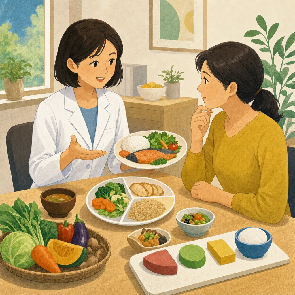 糖尿病予防の栄養相談を受ける日本人（編集記事向け）。糖尿病予防、栄養相談、管理栄養士、食生活の記事や案内に使える商用素材です。