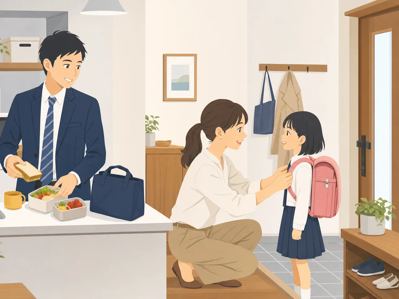 共働き家族の忙しい朝（フラットイラスト）。共働き、家事分担、子育て支援、生活サービスに使える家庭素材です。