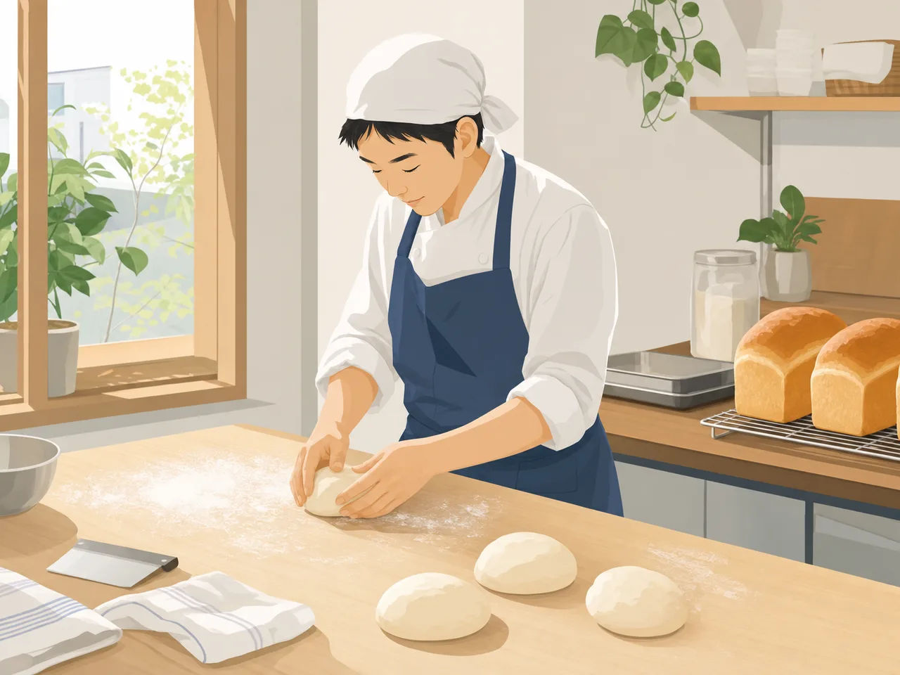 パンを作る日本人パン職人（フラットイラスト）。パン職人、ベーカリー、食品製造、地域店舗の記事向け素材です。