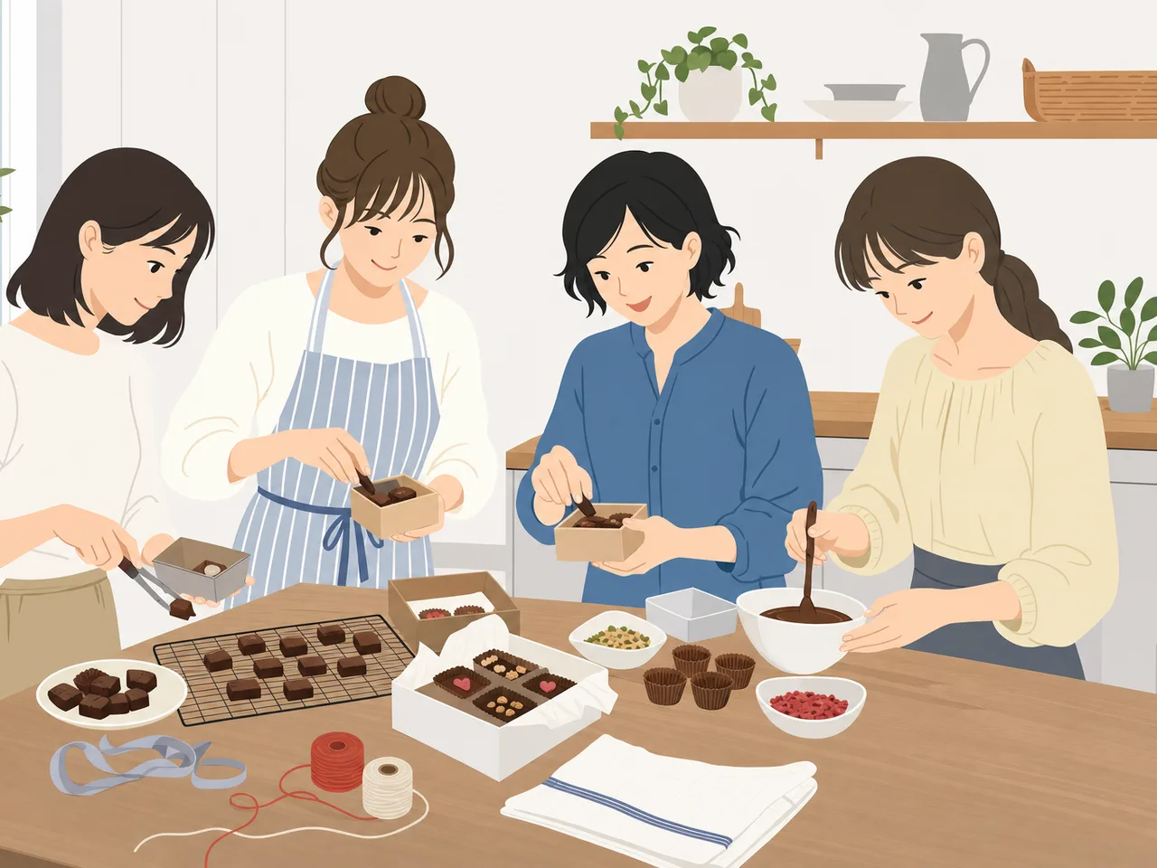 バレンタインの贈り物を作る日本人（フラットイラスト）。バレンタイン、手作りお菓子、友情、冬のイベントの記事向け素材です。