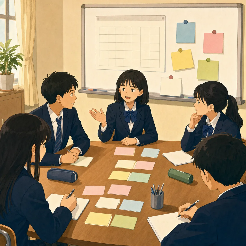 学校行事を計画する日本人生徒会（編集記事向け）。生徒会、学校行事、企画会議、中学生の記事や案内に使える商用素材です。