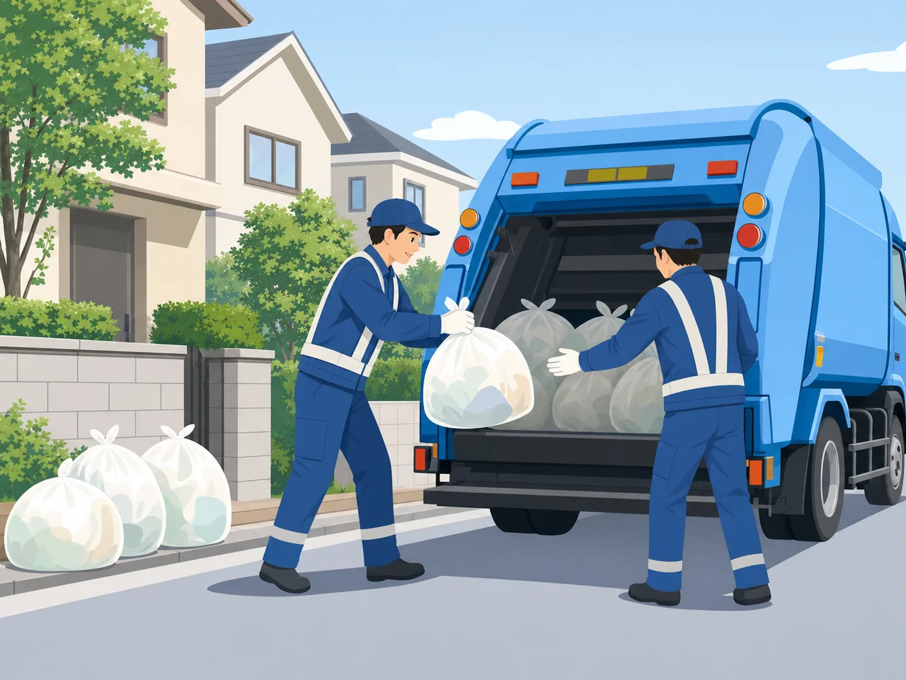 地域のごみを収集する日本人作業員（フラットイラスト）。ごみ収集、環境衛生、自治体、地域インフラの記事向け素材です。