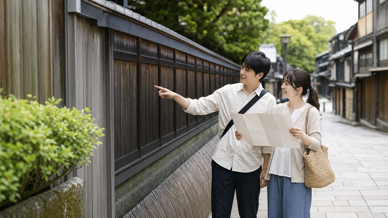 金沢の街並みを楽しむ日本人旅行者（横長・コピースペース）。金沢、北陸旅行、歴史的街並み、街歩きの記事向け素材です。