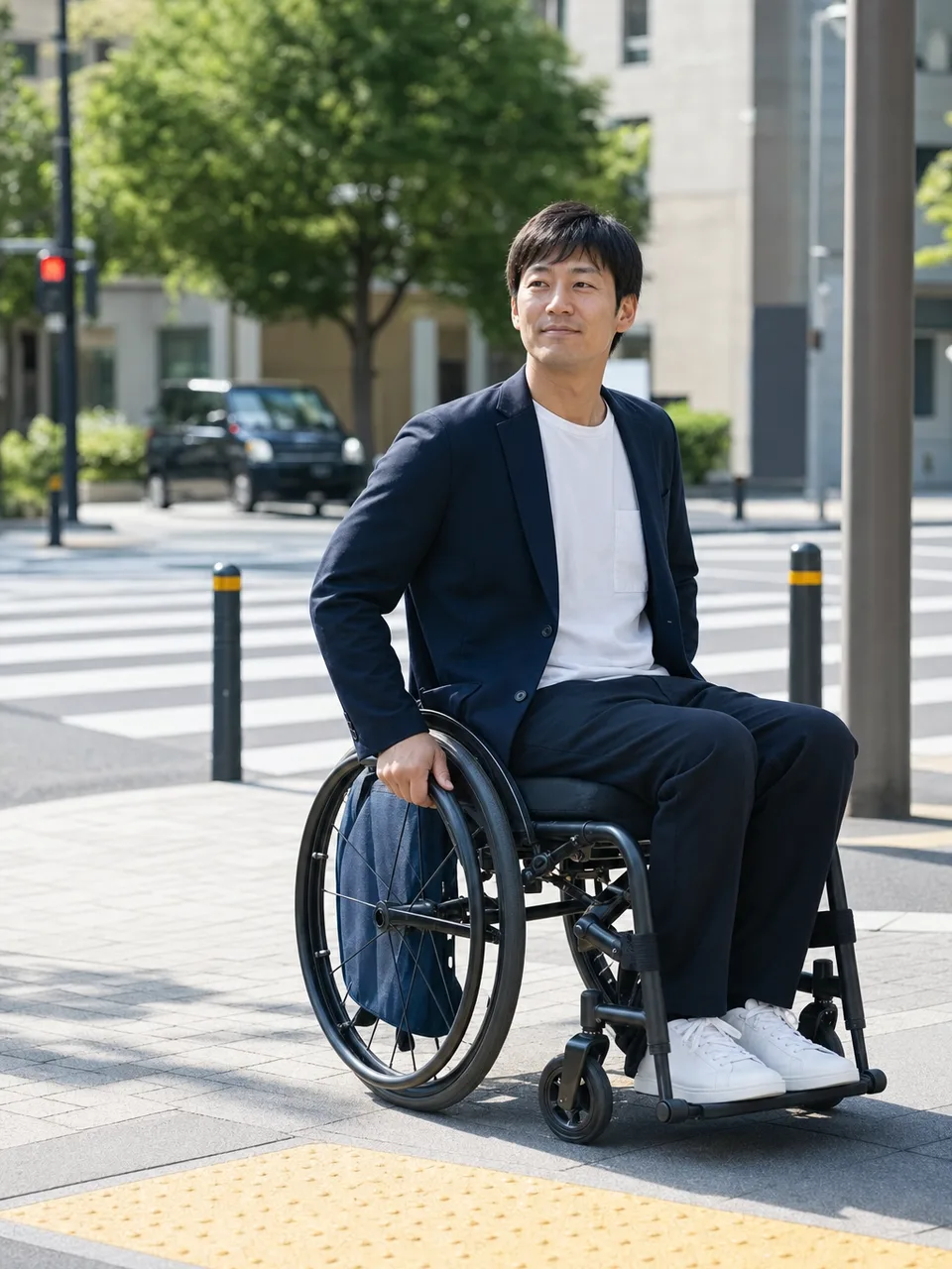 車いすで通勤する日本人（自然な縦位置写真）。車いす通勤、車椅子、バリアフリー、会社員の記事や案内に使える商用素材です。