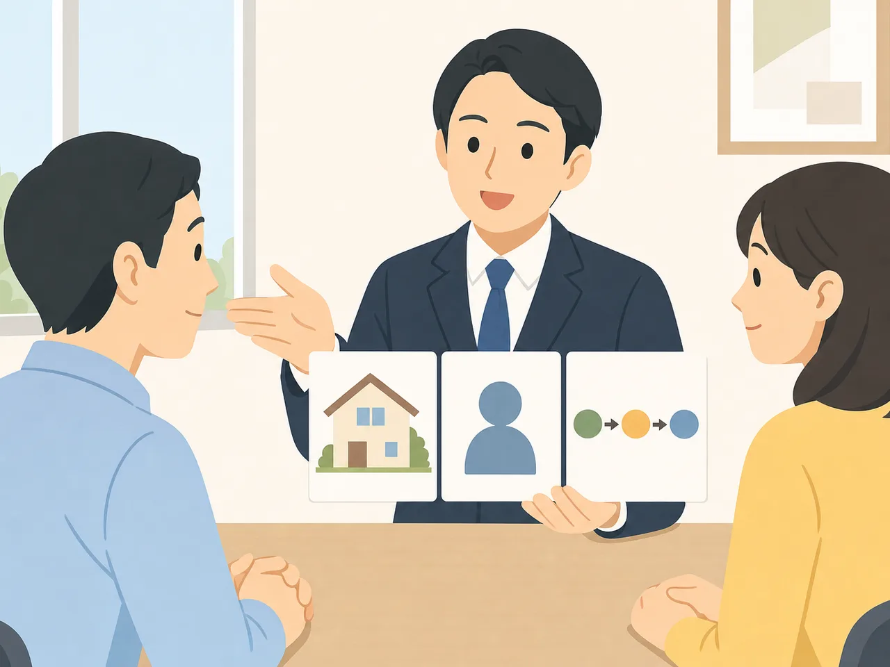 登記を支援する日本人司法書士（フラットイラスト）。不動産登記を説明する司法書士、住宅購入の登記手続き、司法書士、不動産登記の記事や案内に使える商用素材です。