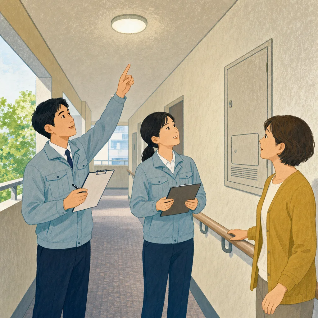 マンションを管理する日本人スタッフ（編集記事向け）。マンション管理、管理人、建物点検、共同住宅の記事向け素材です。