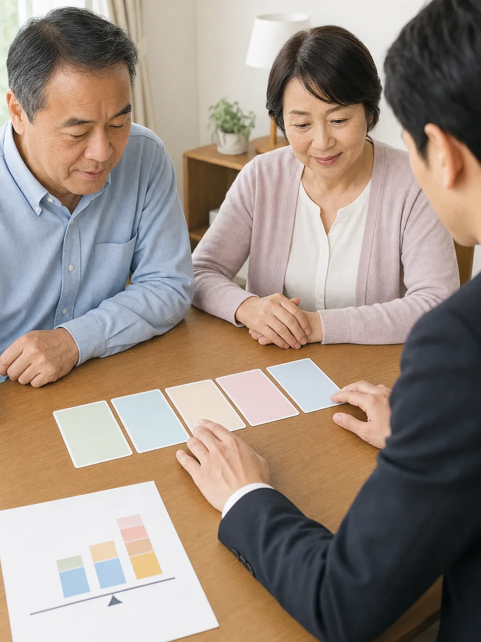 老後資金を計画する日本人夫婦（自然な縦位置写真）。老後資金、退職後、家計相談、資産計画の記事や案内に使える商用素材です。