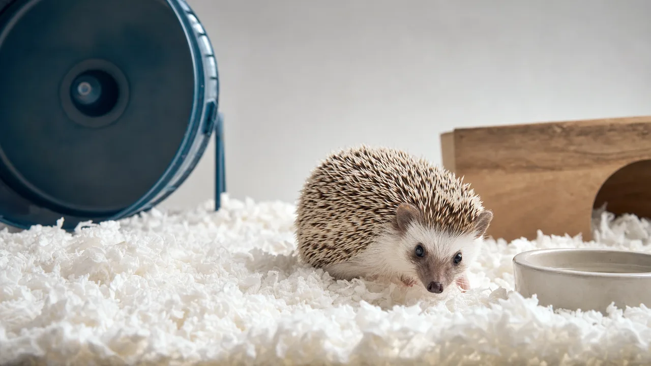 適切な環境で暮らすハリネズミ（横長・コピースペース）。ハリネズミ、小動物、ペット、飼育環境の記事や案内に使える商用素材です。