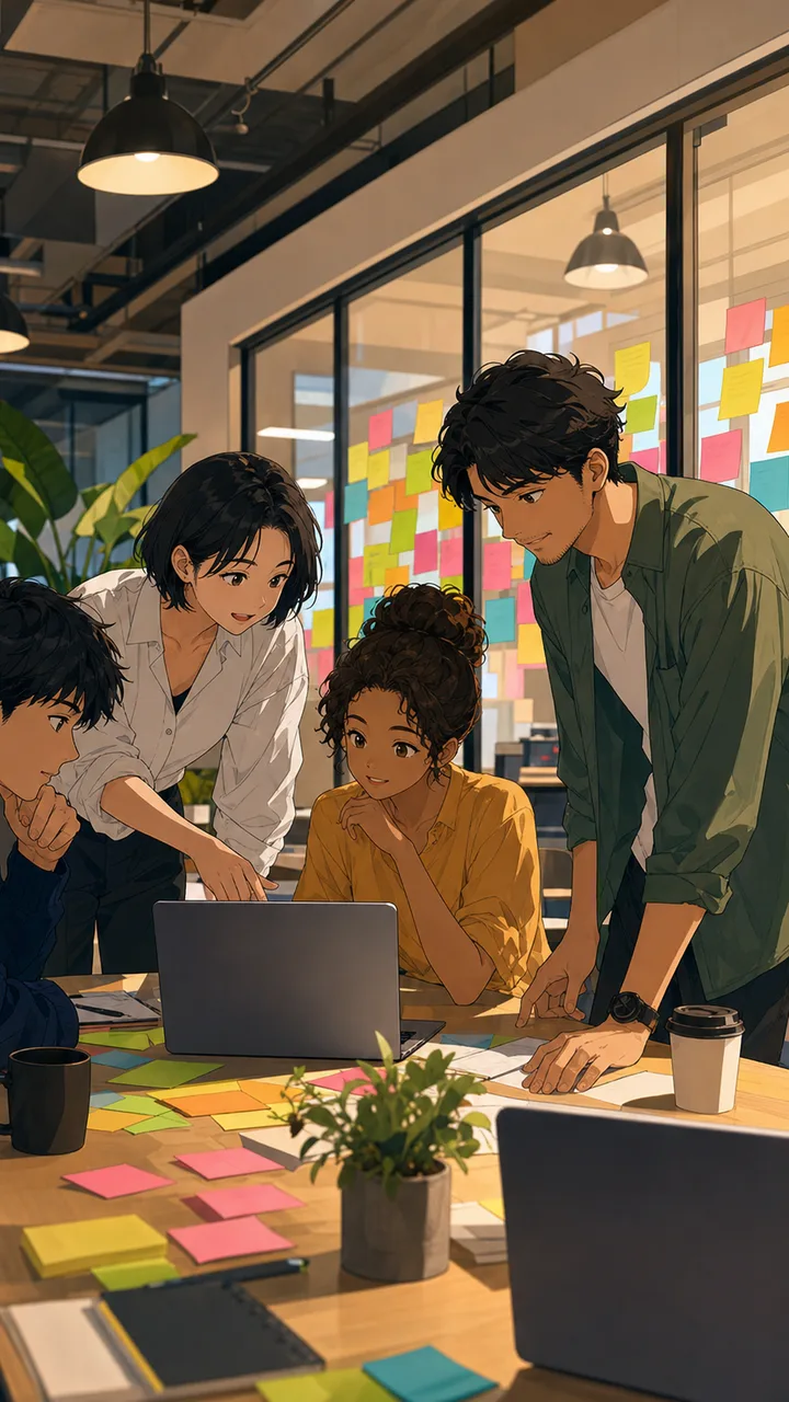 働くチームのアニメ風イラスト（アニメ風・縦型）。採用、IT、スタートアップの記事に使える、完全オリジナルのアニメ風ビジネス素材です。