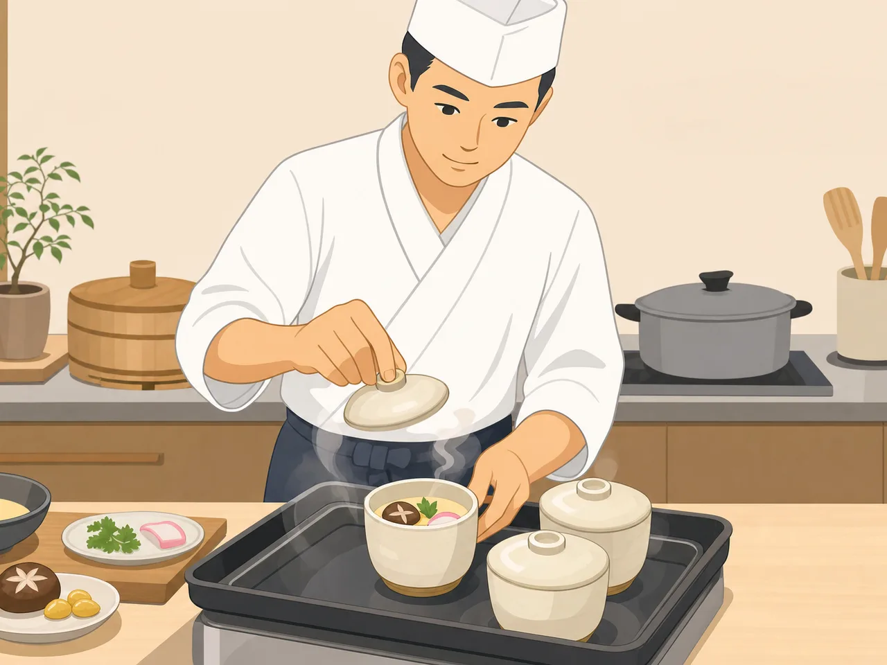 茶碗蒸しを作る日本人（フラットイラスト）。茶碗蒸し、和食、蒸し料理、日本料理の記事や案内に使える商用素材です。