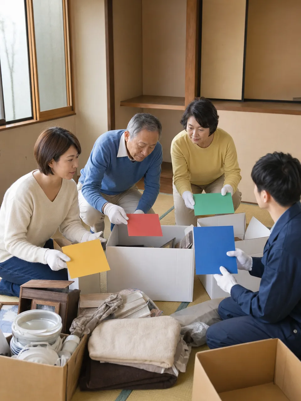 空き家の片付けを計画する日本人家族（自然な縦位置写真）。空き家片付け、実家整理、家財整理、空き家管理の記事や案内に使える商用素材です。