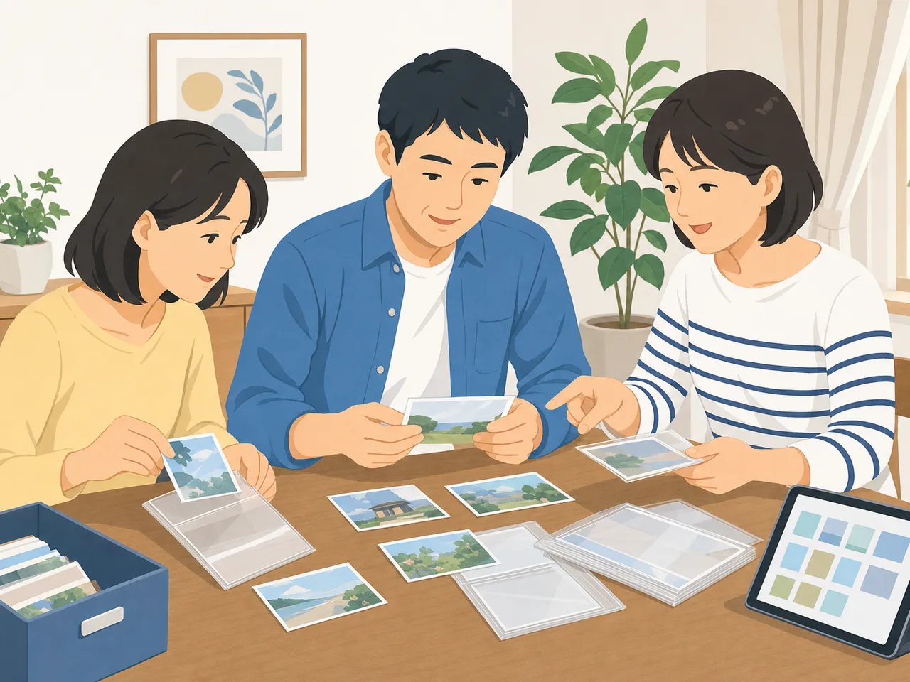 家族写真を整理する日本人（フラットイラスト）。写真整理、家族写真、デジタル整理、思い出の記事向け素材です。