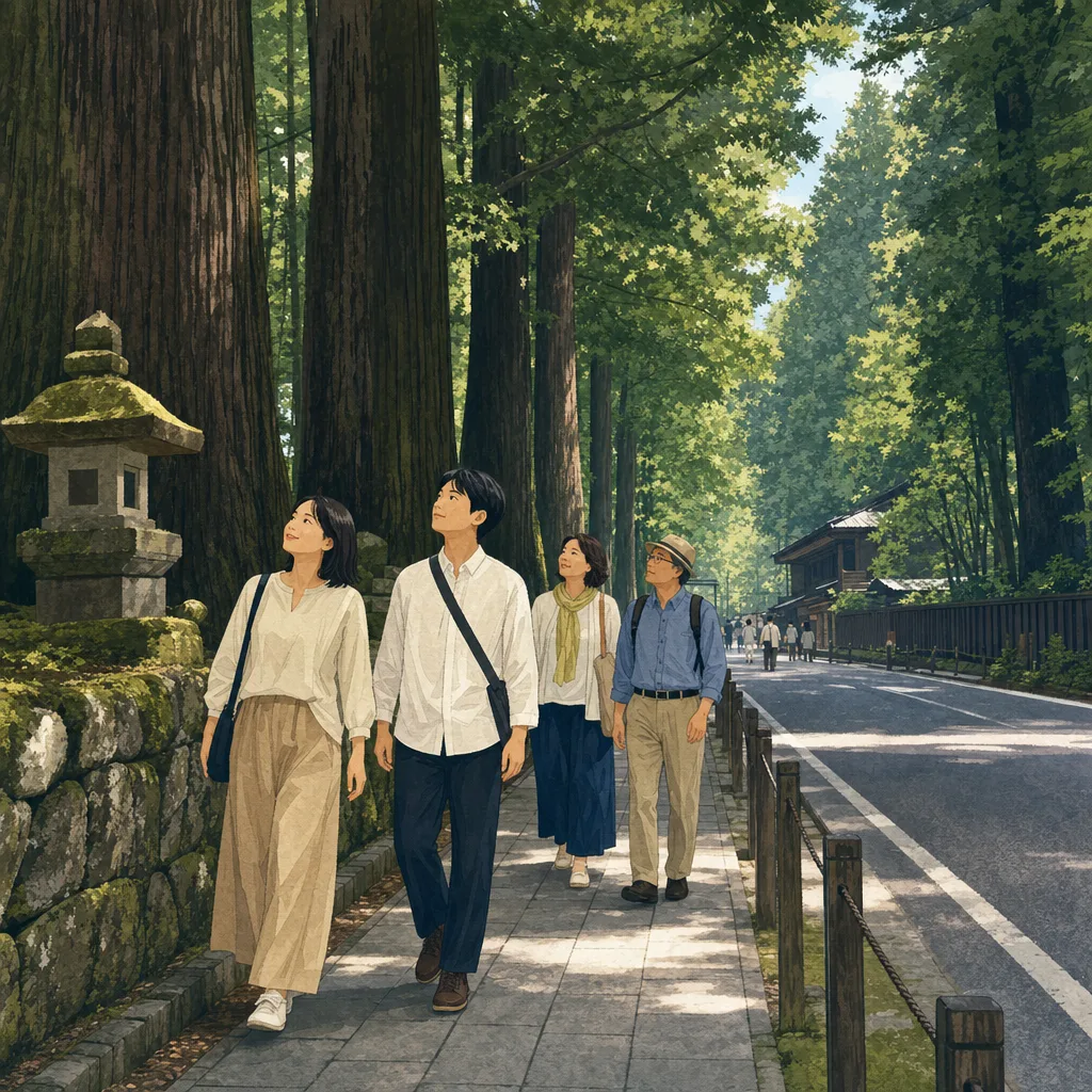 栃木の杉並木を歩く旅行者（編集記事向け）。栃木旅行、杉並木、日光周辺、関東旅行の記事や案内に使える商用素材です。