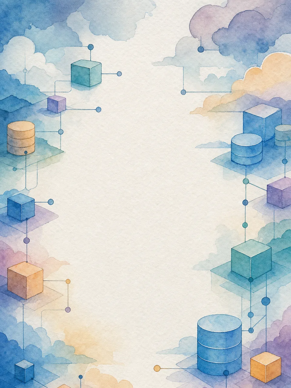 クラウド基盤を表す背景（水彩フレーム）。クラウド背景、クラウド基盤、ITインフラ、ネットワークの記事や案内に使える商用素材です。