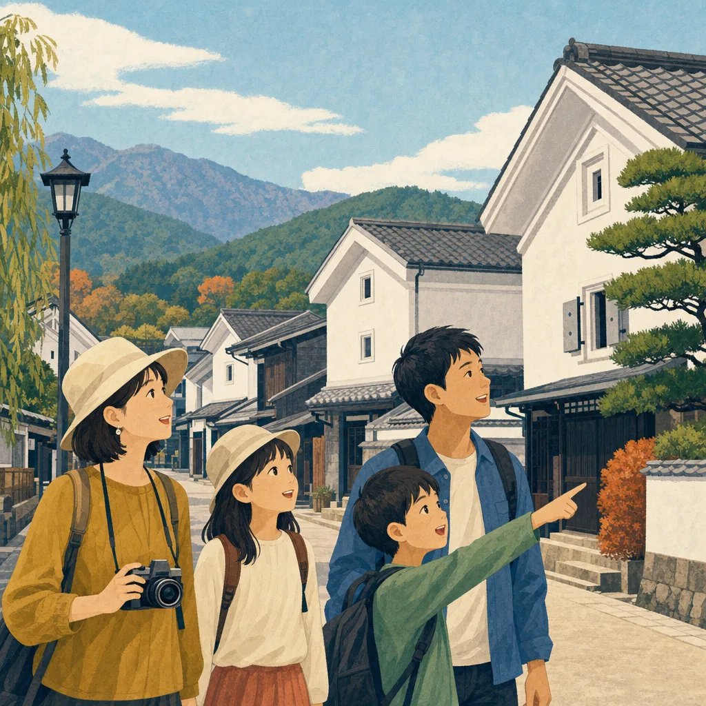 福島の会津の町を巡る旅行者（編集記事向け）。福島旅行、会津、蔵の町、東北旅行の記事や案内に使える商用素材です。
