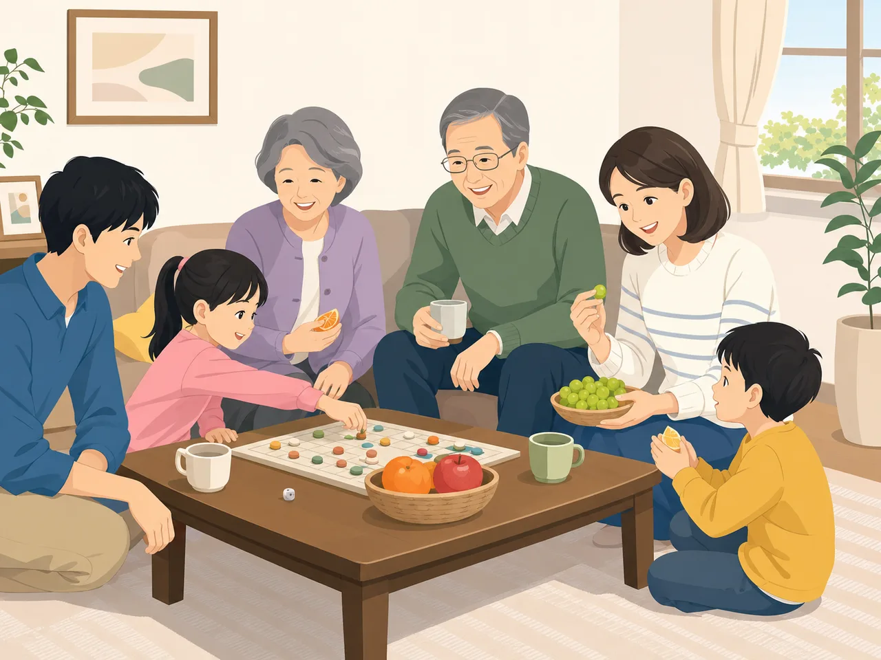 家族団らんを楽しむ日本人（フラットイラスト）。家族団らん、三世代、休日、リビングの記事向け素材です。