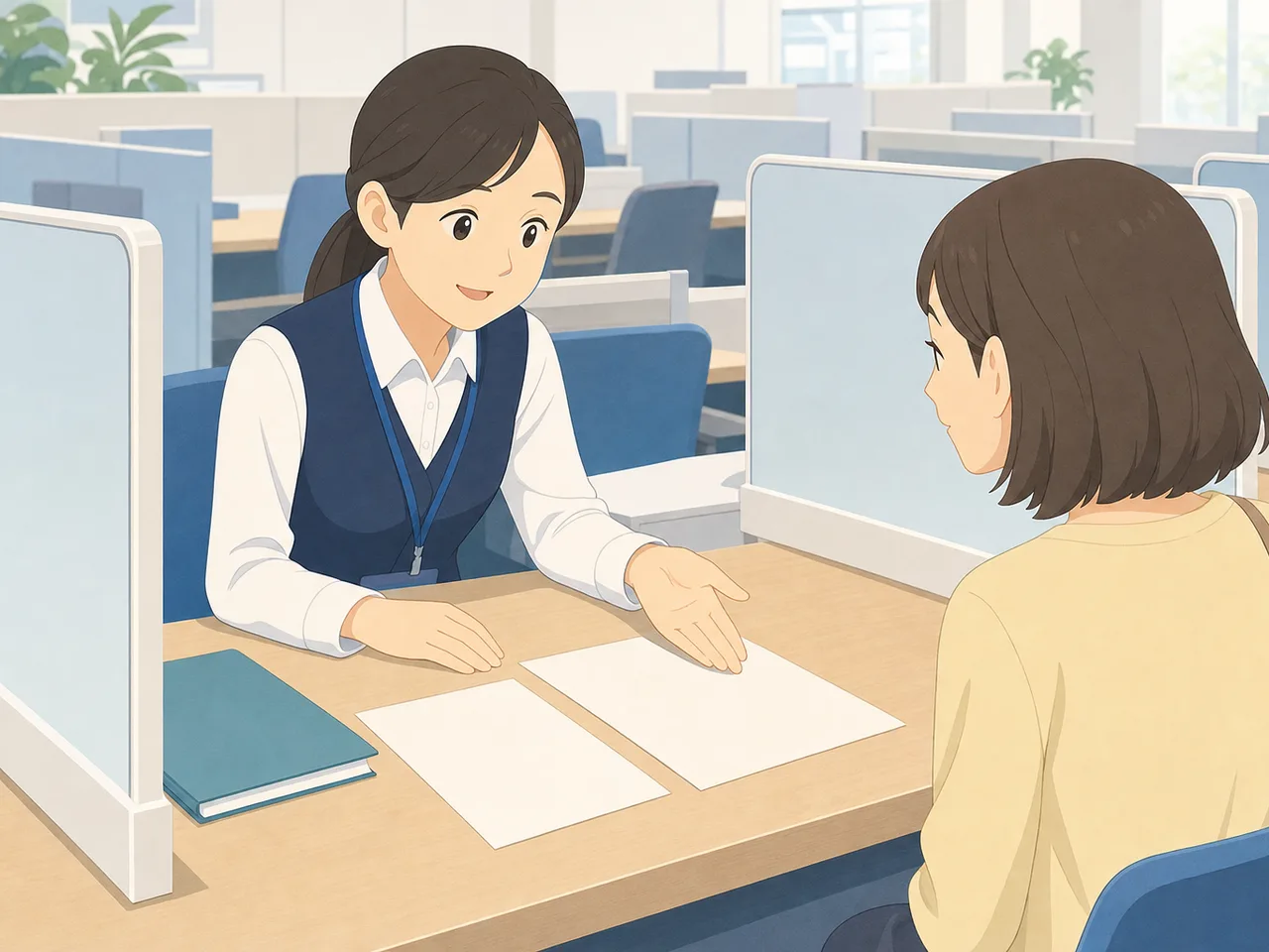 市役所窓口で案内する日本人公務員（フラットイラスト）。公務員、市役所、行政サービス、窓口対応の記事向け素材です。