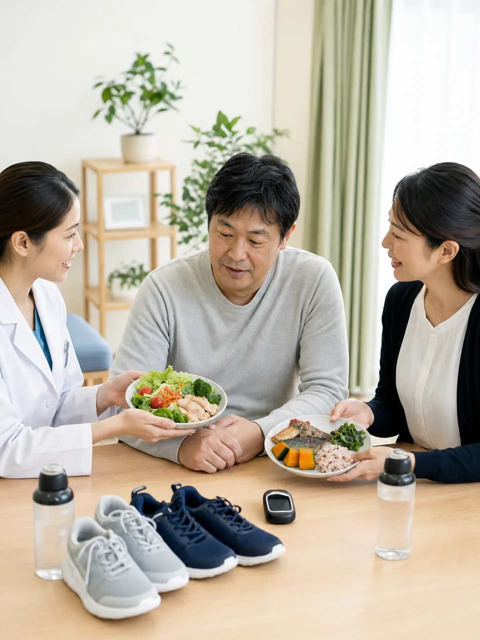 糖尿病の生活管理を学ぶ日本人（自然な縦位置写真）。糖尿病、生活習慣、食事相談、健康管理の記事向け素材です。