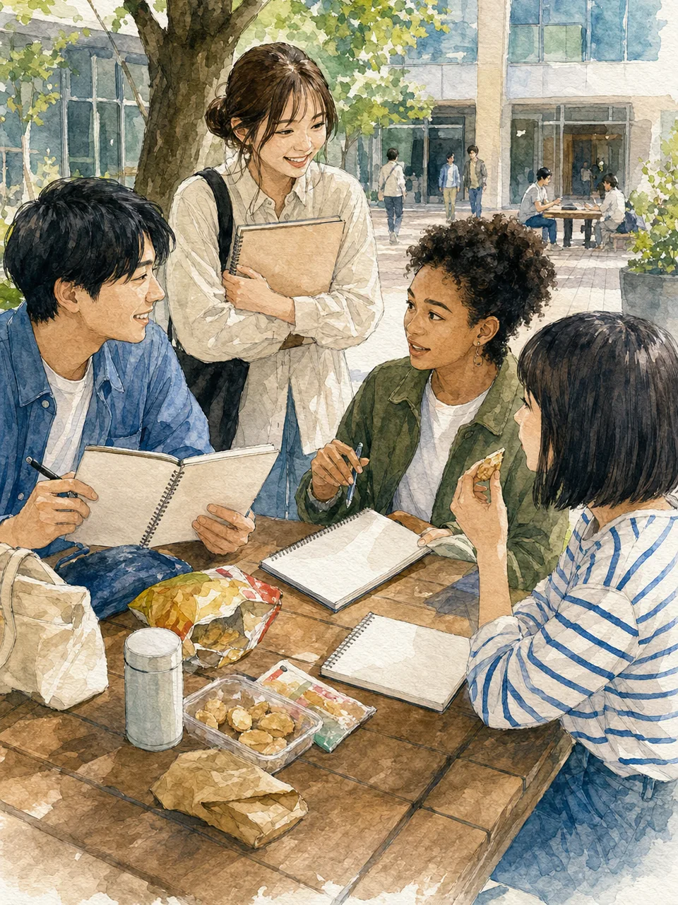 キャンパスで過ごす日本人大学生の友人（手描き水彩）。大学生の友人、キャンパス、友情、学生生活の記事向け素材です。