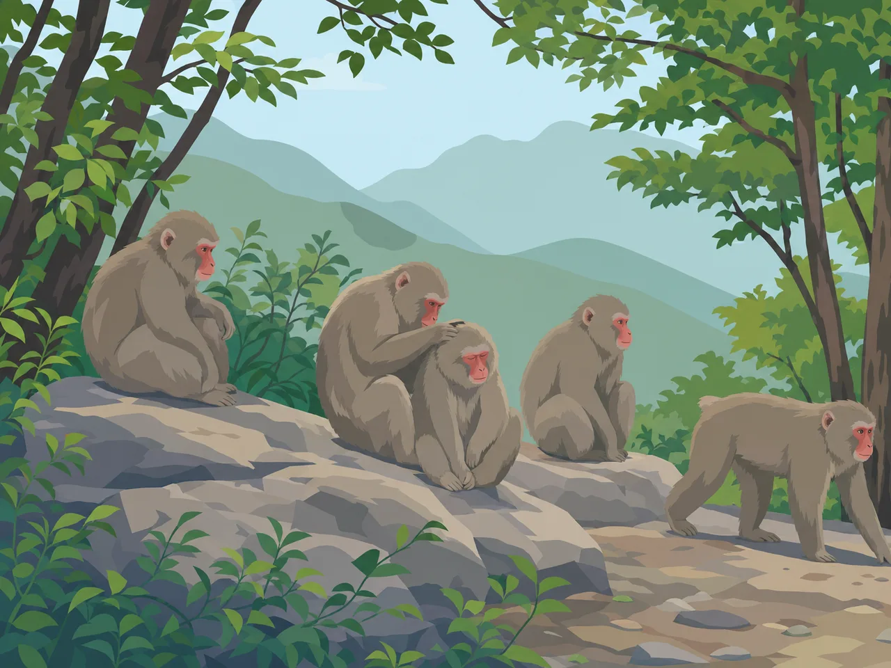 森で暮らすニホンザル（フラットイラスト）。ニホンザル、野生動物、サル、森林の記事や案内に使える商用素材です。
